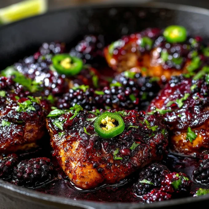 Honey Chicken with Blackberry Sauce garnished with fresh blackberries