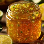 Jar of homemade jalapeño jam with fresh chili peppers