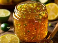 Jar of homemade jalapeño jam with fresh chili peppers