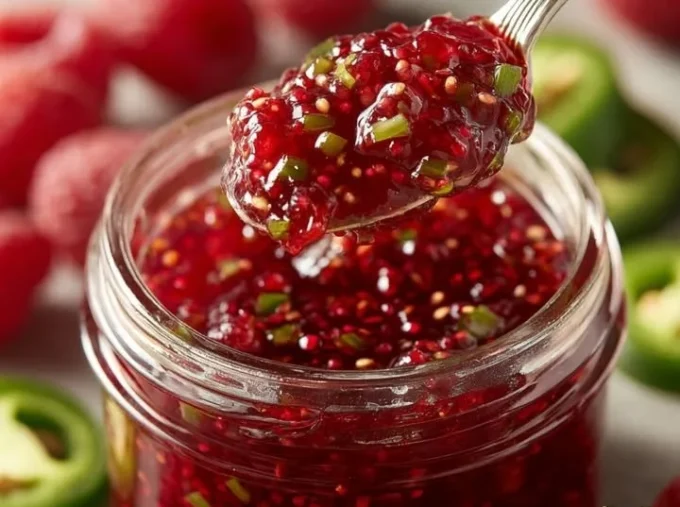 Homemade Jalapeño Raspberry Jam in a jar with fresh raspberries and jalapeños