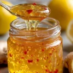 Homemade Lemon Ginger Jam in a jar with a spoon