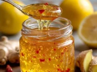 Homemade Lemon Ginger Jam in a jar with a spoon