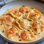Plate of lobster ravioli topped with garlic butter sauce and parsley