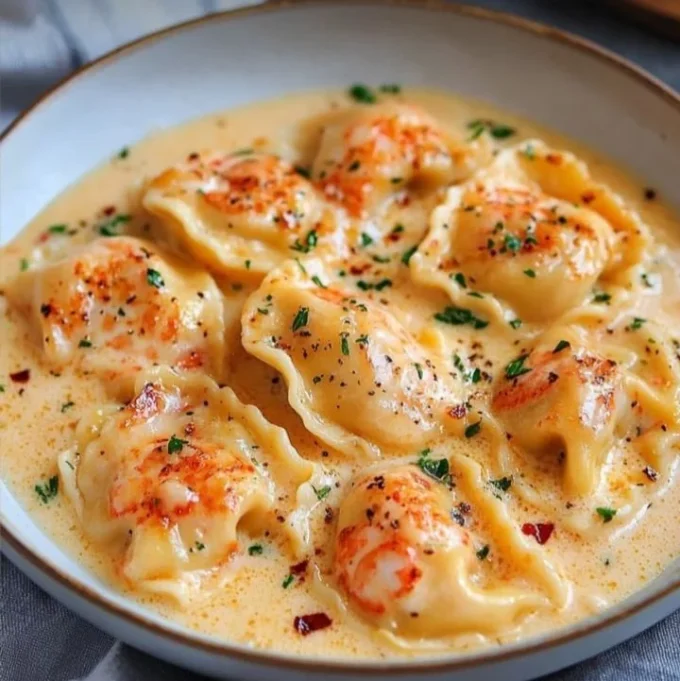 Plate of lobster ravioli topped with garlic butter sauce and parsley