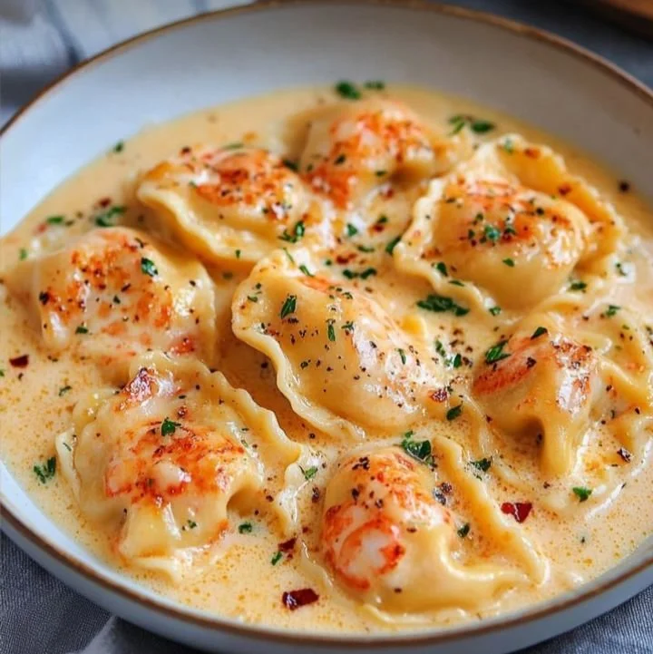 Plate of lobster ravioli topped with garlic butter sauce and parsley