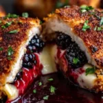 Melty Blackberry Jalapeño Chicken served with fresh herbs on a plate