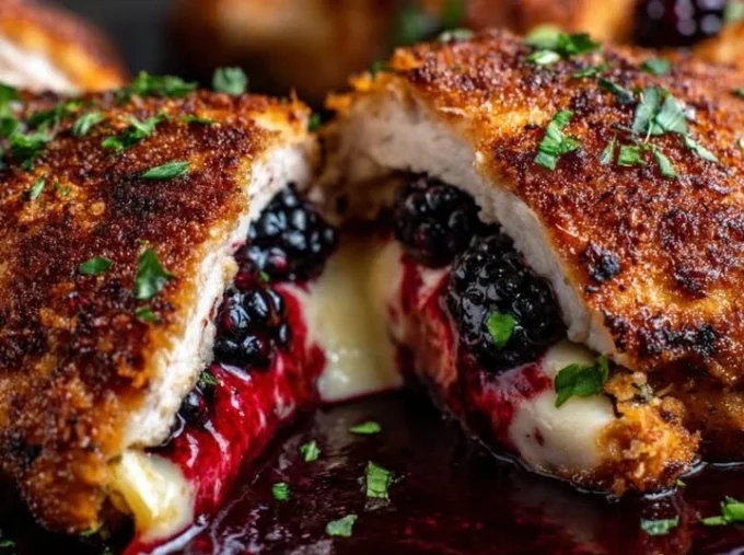 Melty Blackberry Jalapeño Chicken served with fresh herbs on a plate