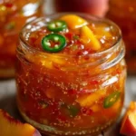 Homemade Peach Jalapeño Jam in a jar with fresh peaches and jalapeños