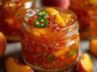Homemade Peach Jalapeño Jam in a jar with fresh peaches and jalapeños
