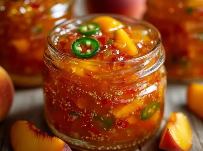Homemade Peach Jalapeño Jam in a jar with fresh peaches and jalapeños