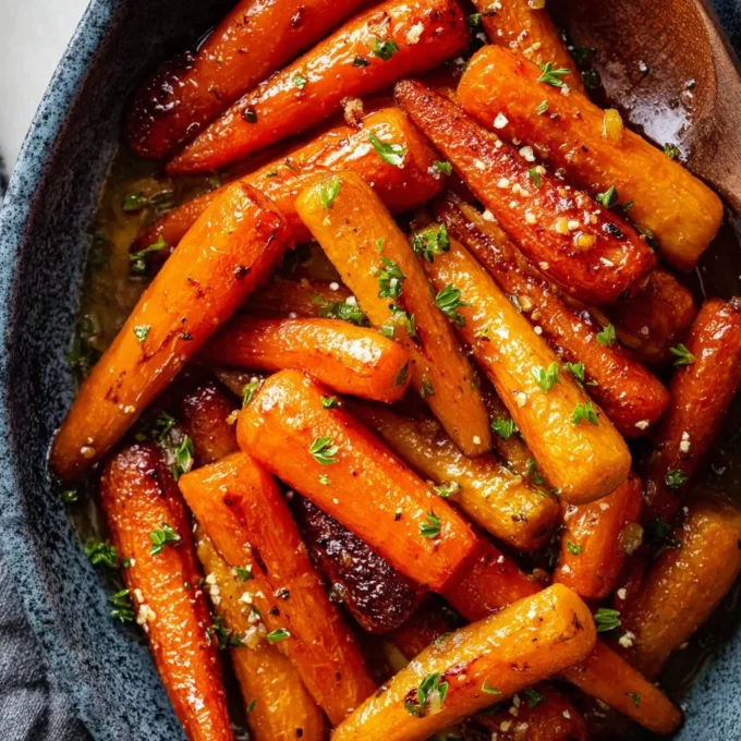 Roasted carrots with brown butter and honey garlic sauce on a white plate.