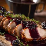 Delicious roasted pork loin topped with blackberry herb reduction on a plate