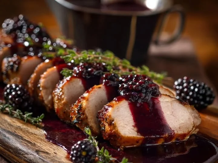 Delicious roasted pork loin topped with blackberry herb reduction on a plate