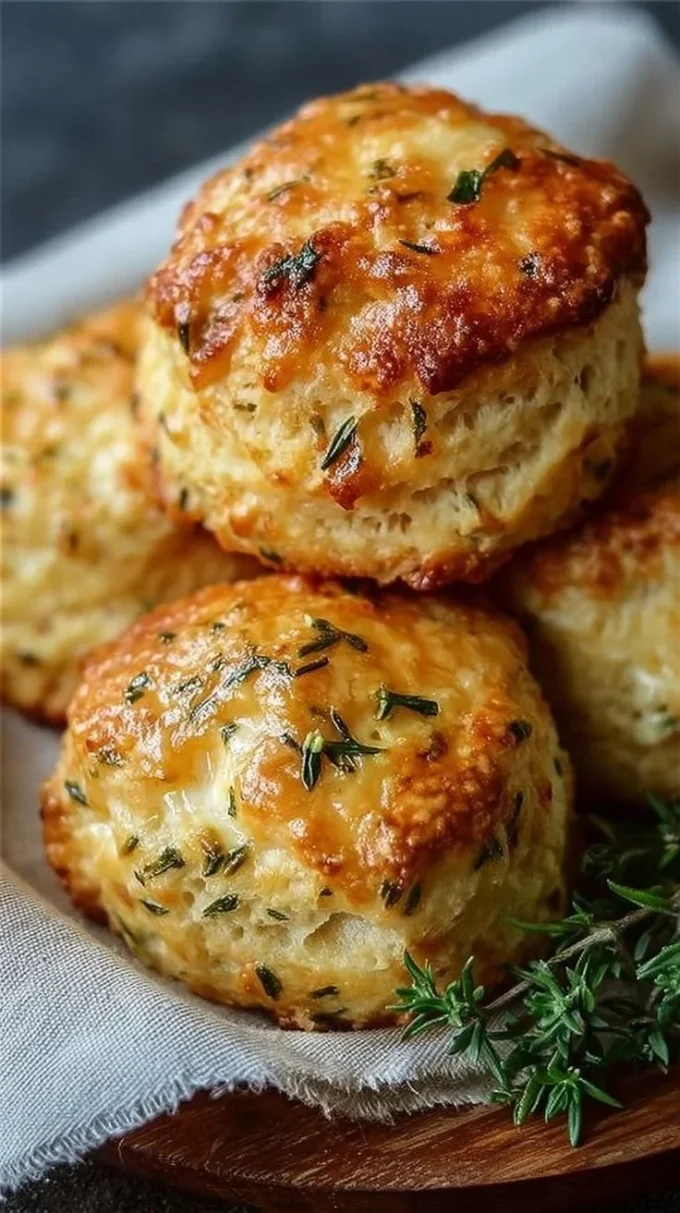 Freshly baked savory herb cheese scones with herbs and melted cheese