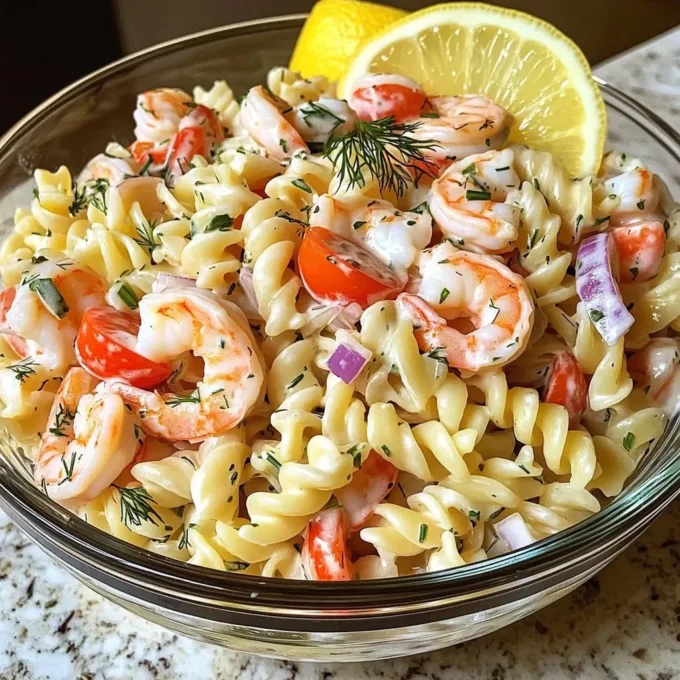 Delicious Seafood Pasta Salad with shrimp, crab, and vegetables