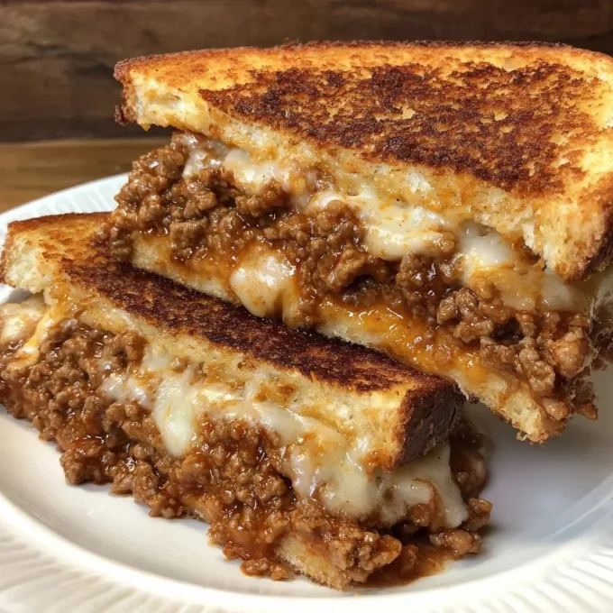 Melted cheese and sloppy joe filling in a grilled cheese sandwich