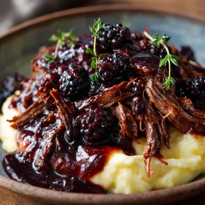 Delicious slow cooker blackberry balsamic beef served on a plate.