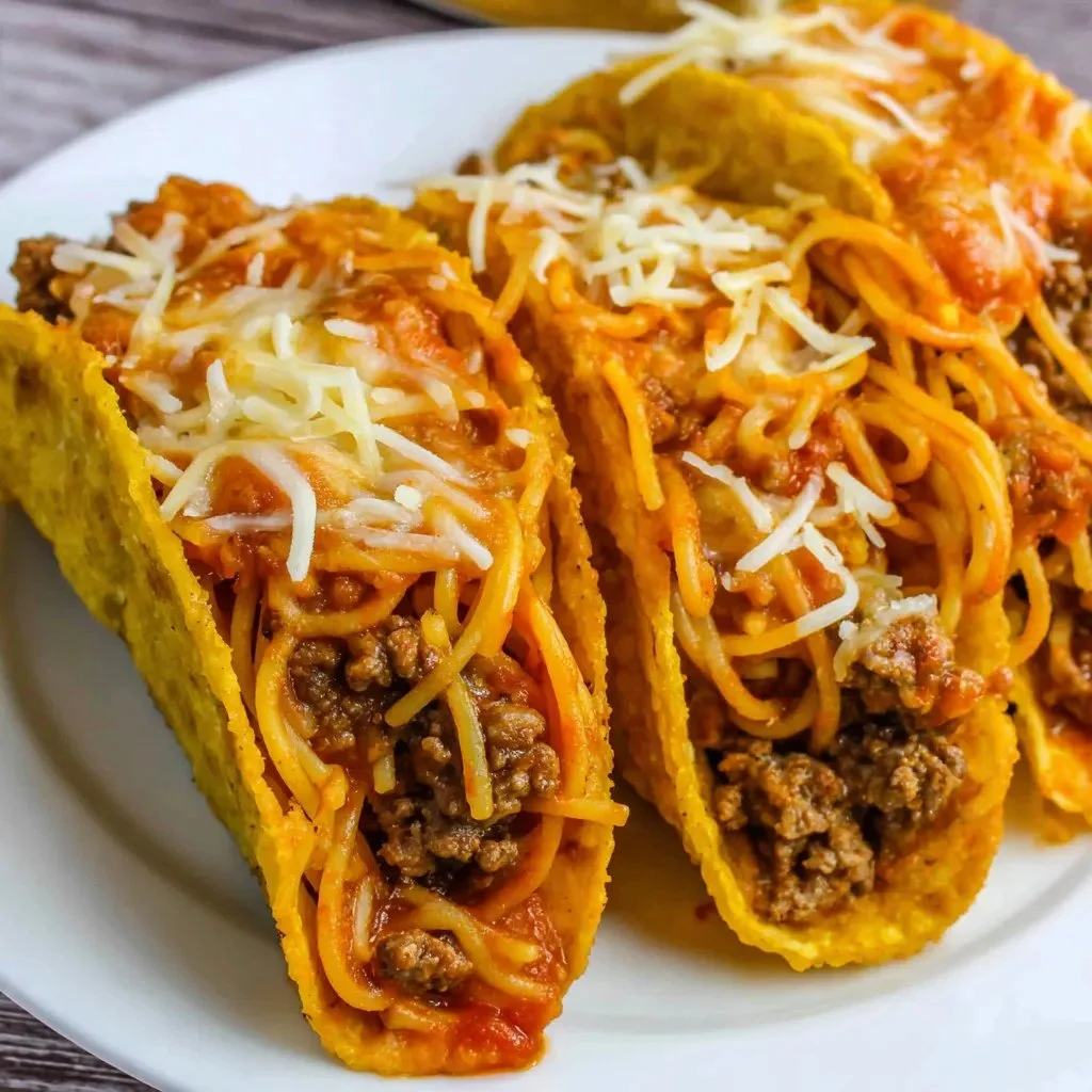 A plate of spaghetti tacos with pasta inside crispy taco shells.