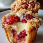 Freshly baked strawberry cream cheese muffins with strawberries.