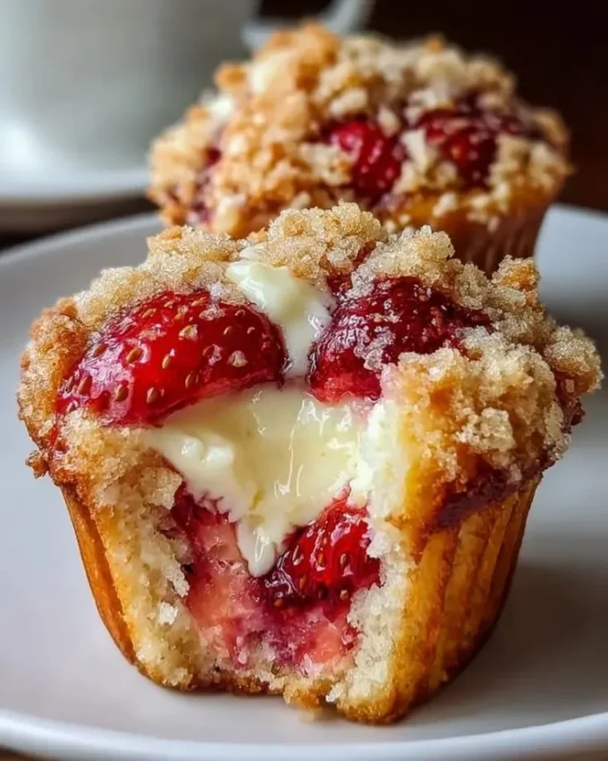 Freshly baked strawberry cream cheese muffins with strawberries.