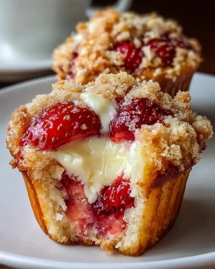 Freshly baked strawberry cream cheese muffins with strawberries.