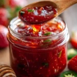 Homemade Strawberry Jalapeño Jam in a jar with fresh strawberries and jalapeños