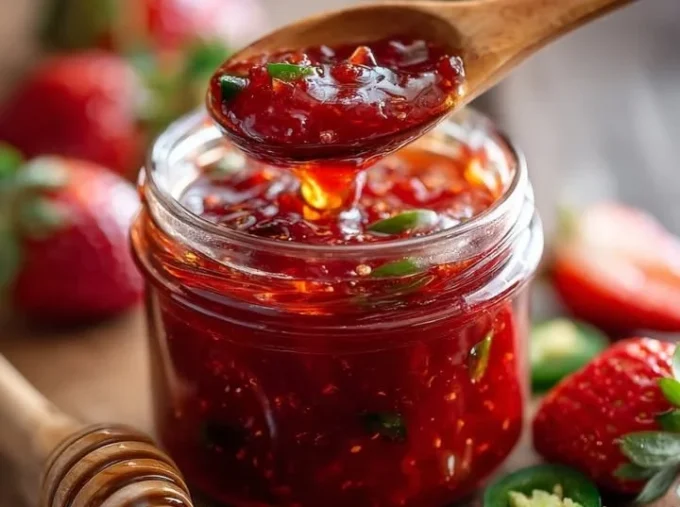 Homemade Strawberry Jalapeño Jam in a jar with fresh strawberries and jalapeños
