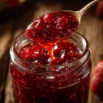 Jar of homemade Strawberry Jalapeño Jam with fresh strawberries and jalapeños.
