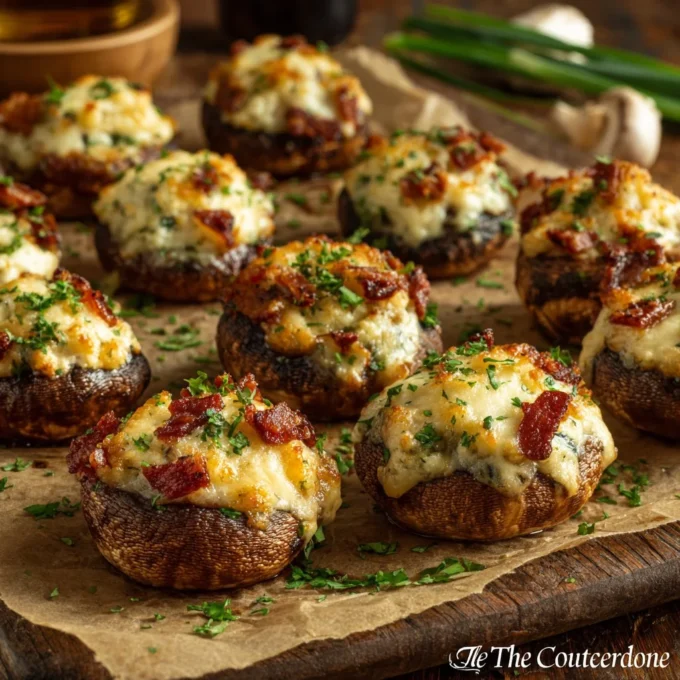 Plate of Swamp Goblins Stuffed Mushrooms topped with herbs and cheese.
