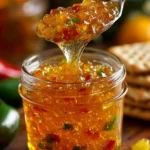 Jar of sweet heat pineapple jalapeño pepper jelly with visible pineapple chunks