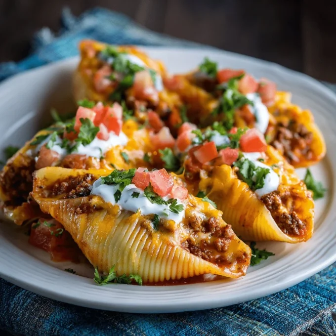 Taco stuffed shells filled with beef, cheese, and topped with salsa