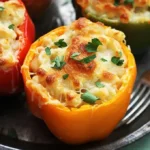 Three cheese macaroni stuffed peppers on a plate ready to enjoy