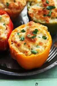 Three cheese macaroni stuffed peppers on a plate ready to enjoy