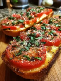 Delicious Tomato Basil Garlic Bread with fresh herbs and garlic.