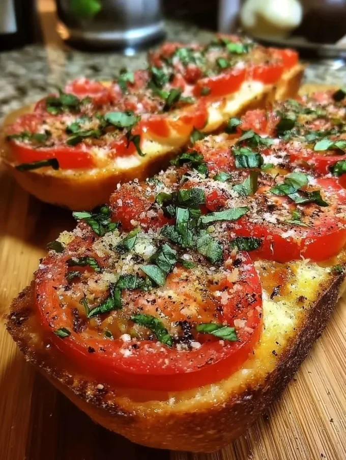 Delicious Tomato Basil Garlic Bread with fresh herbs and garlic.