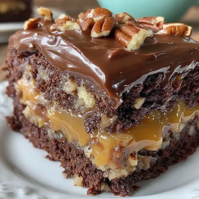 Decadent Turtle Cake topped with chocolate, caramel, and pecans