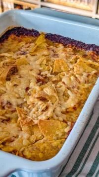 Delicious Walking Taco Bake served in a colorful dish with toppings