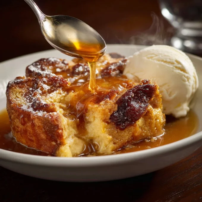 Delicious warm Ruth's Chris-style bread pudding dessert served in a bowl