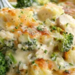 Delicious baked potato chicken and broccoli casserole in a serving dish