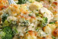 Delicious baked potato chicken and broccoli casserole in a serving dish