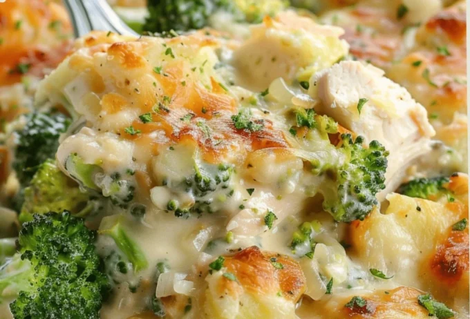 Delicious baked potato chicken and broccoli casserole in a serving dish