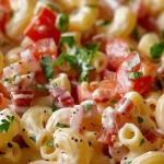 Delicious BLT macaroni salad with bacon, lettuce, and tomato.