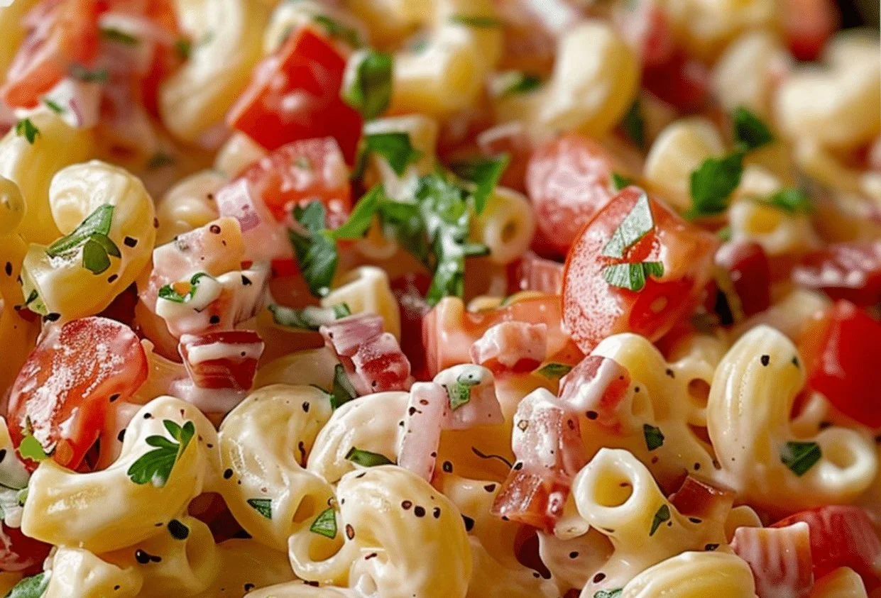 Delicious BLT macaroni salad with bacon, lettuce, and tomato.