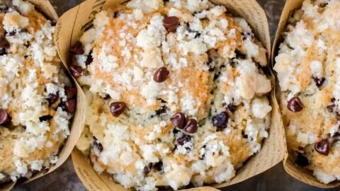 Delicious chocolate chip crumble muffins fresh out of the oven