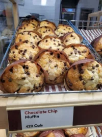 Freshly baked chocolate chip muffins on a cooling rack