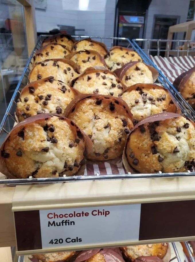 Freshly baked chocolate chip muffins on a cooling rack
