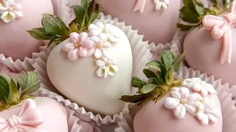 Delicious chocolate covered strawberries drizzled with white chocolate on a platter