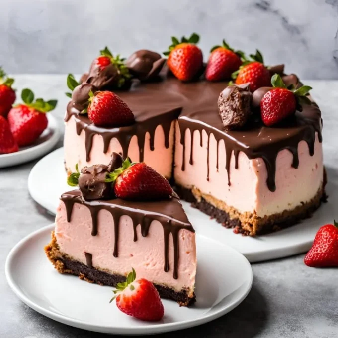 Decadent chocolate covered strawberry cheesecake with fresh strawberries on top.