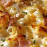 Cheesy chicken casserole with bacon and pasta bake in a casserole dish
