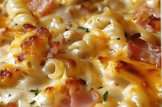 Cheesy chicken casserole with bacon and pasta bake in a casserole dish